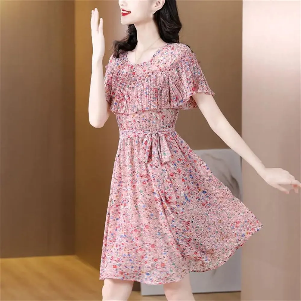 YTR6TW Women Elegant O-Neck Spliced Ruffles Chiffon Floral Dress Lady Clothing Summer Loose Office Mini Dress