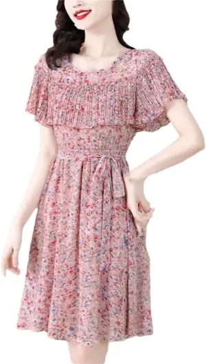 YTR6TW Women Elegant O-Neck Spliced Ruffles Chiffon Floral Dress Lady Clothing Summer Loose Office Mini Dress