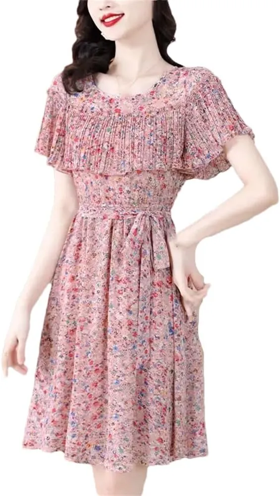 YTR6TW Women Elegant O-Neck Spliced Ruffles Chiffon Floral Dress Lady Clothing Summer Loose Office Mini Dress