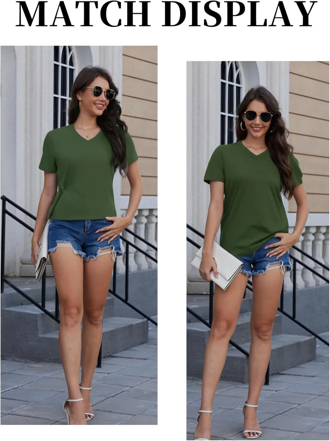 YUCOLEN Women's Cotton Short Sleeve Shirts Soft Breathable UPF 50  V Neck T-Shirts Basic Tops
