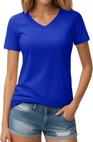 YUCOLEN Women's Cotton Short Sleeve Shirts Soft Breathable UPF 50  V Neck T-Shirts Basic Tops