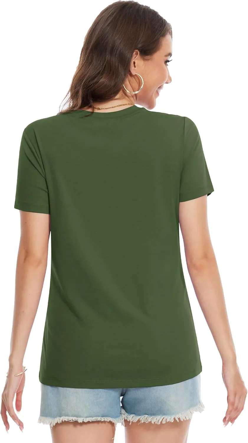 YUCOLEN Women's Cotton Short Sleeve Shirts Soft Breathable UPF 50  V Neck T-Shirts Basic Tops