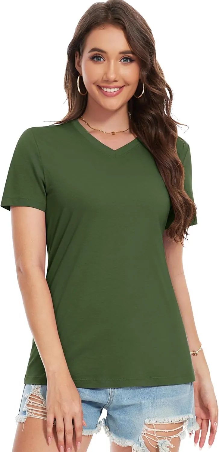 YUCOLEN Women's Cotton Short Sleeve Shirts Soft Breathable UPF 50  V Neck T-Shirts Basic Tops