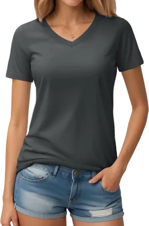 YUCOLEN Women's Cotton Short Sleeve Shirts Soft Breathable UPF 50  V Neck T-Shirts Basic Tops