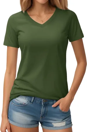 YUCOLEN Women's Cotton Short Sleeve Shirts Soft Breathable UPF 50  V Neck T-Shirts Basic Tops