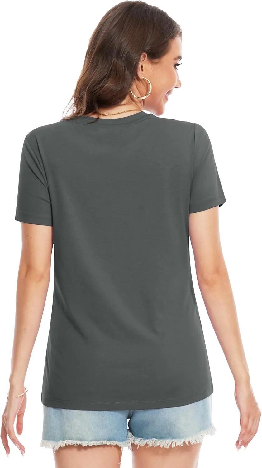 YUCOLEN Women's Cotton Short Sleeve Shirts Soft Breathable UPF 50  V Neck T-Shirts Basic Tops