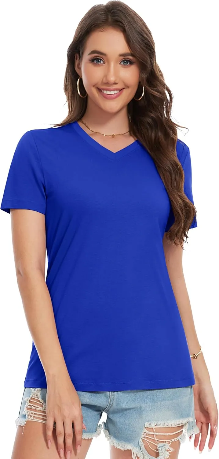 YUCOLEN Women's Cotton Short Sleeve Shirts Soft Breathable UPF 50  V Neck T-Shirts Basic Tops