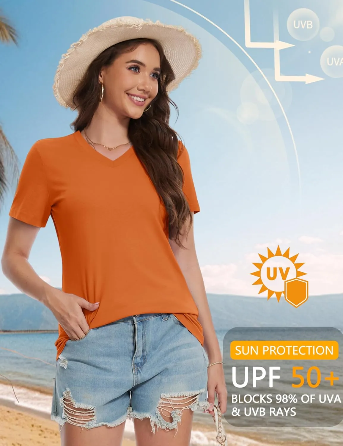 YUCOLEN Women's Cotton Short Sleeve Shirts Soft Breathable UPF 50  V Neck T-Shirts Basic Tops