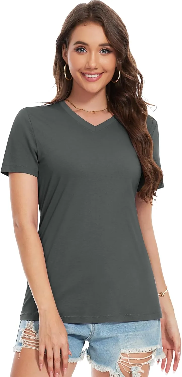 YUCOLEN Women's Cotton Short Sleeve Shirts Soft Breathable UPF 50  V Neck T-Shirts Basic Tops