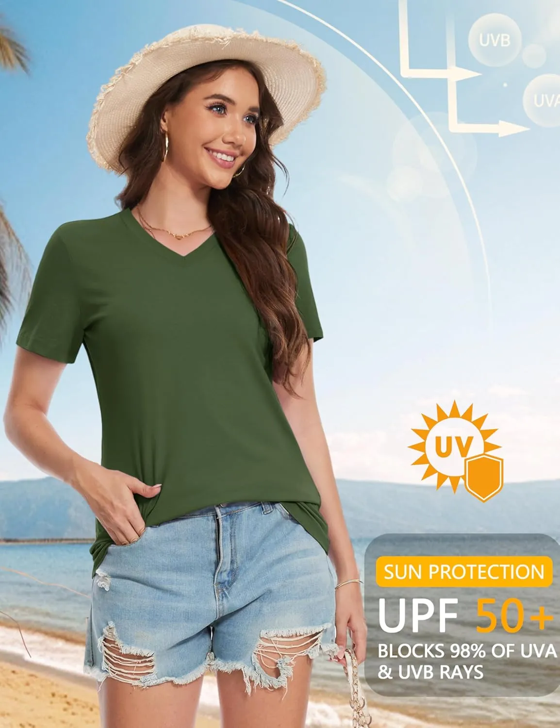 YUCOLEN Women's Cotton Short Sleeve Shirts Soft Breathable UPF 50  V Neck T-Shirts Basic Tops