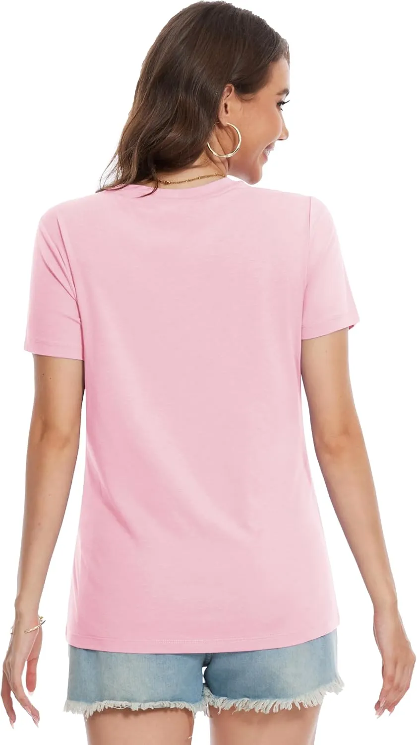 YUCOLEN Women's Cotton Short Sleeve Shirts Soft Breathable UPF 50  V Neck T-Shirts Basic Tops