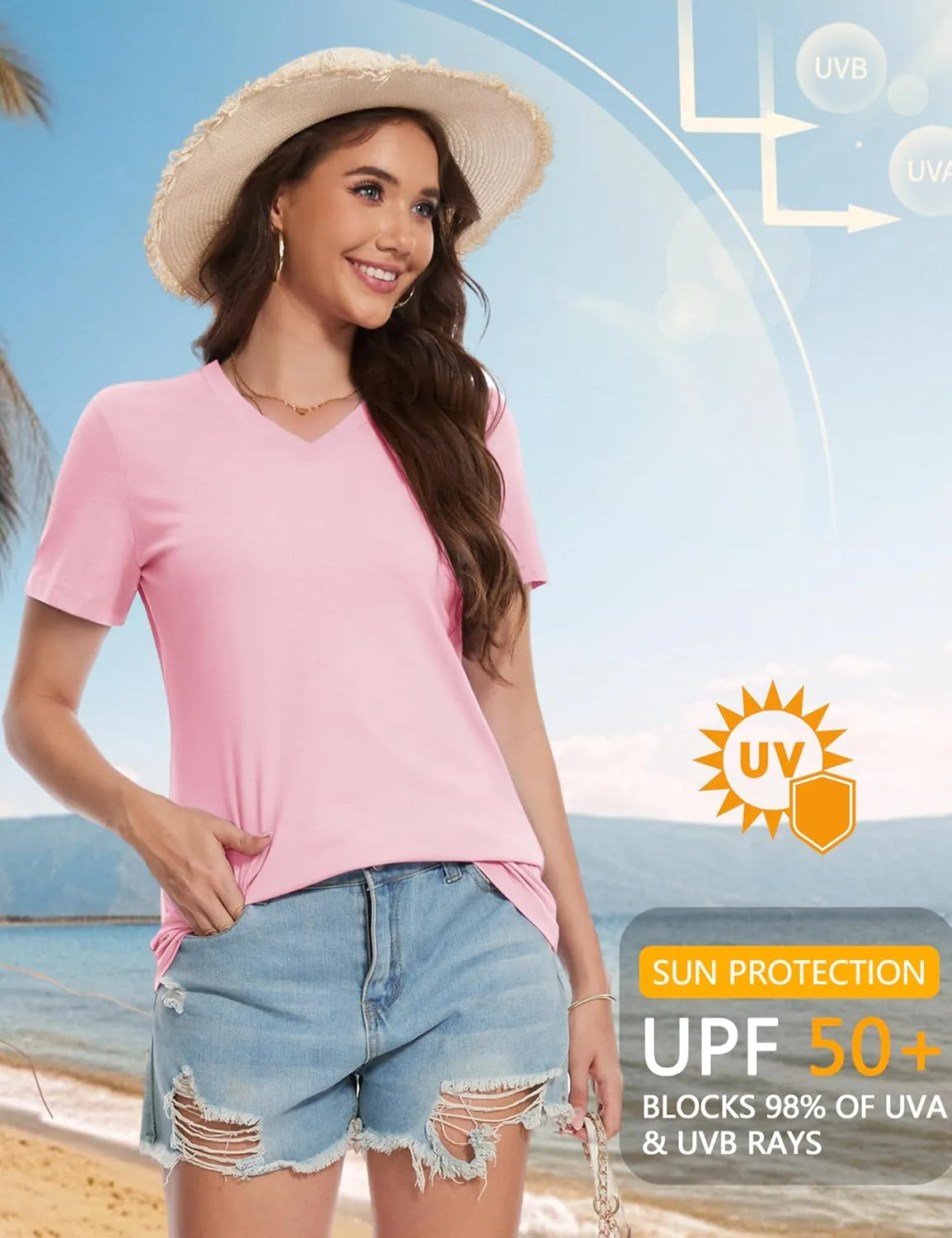 YUCOLEN Women's Cotton Short Sleeve Shirts Soft Breathable UPF 50  V Neck T-Shirts Basic Tops