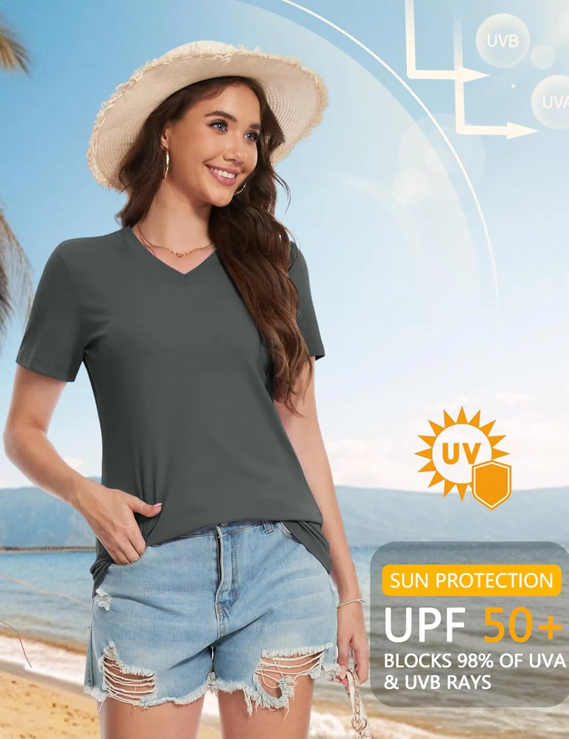 YUCOLEN Women's Cotton Short Sleeve Shirts Soft Breathable UPF 50  V Neck T-Shirts Basic Tops
