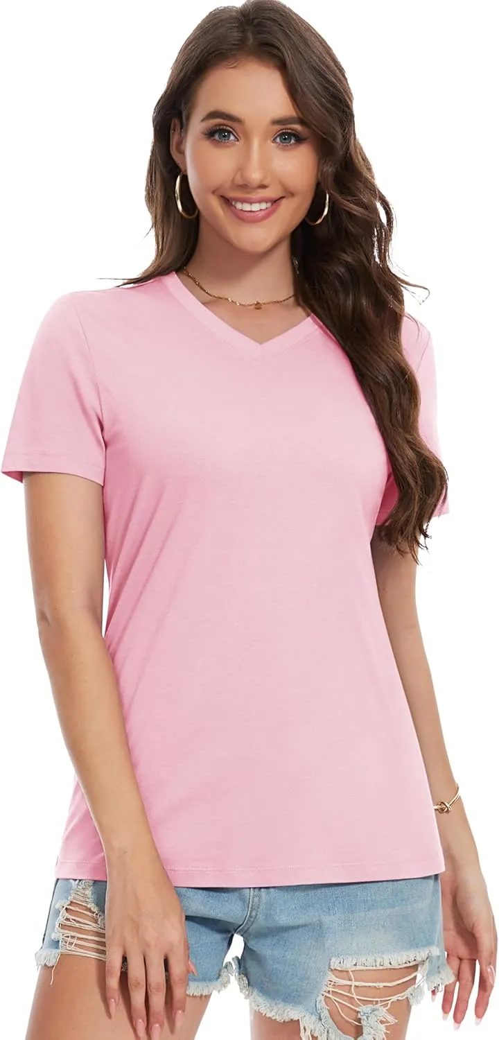 YUCOLEN Women's Cotton Short Sleeve Shirts Soft Breathable UPF 50  V Neck T-Shirts Basic Tops