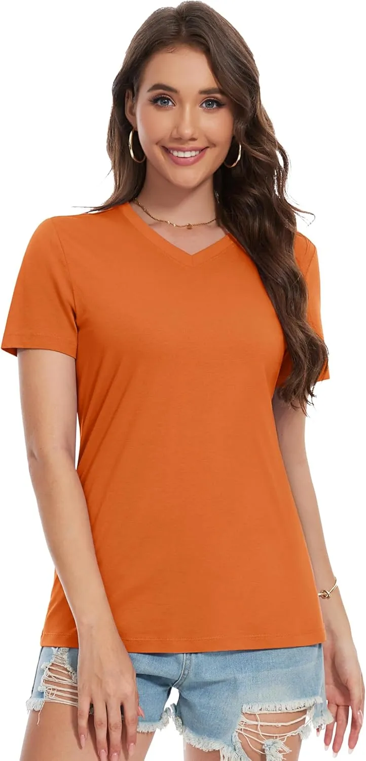 YUCOLEN Women's Cotton Short Sleeve Shirts Soft Breathable UPF 50  V Neck T-Shirts Basic Tops