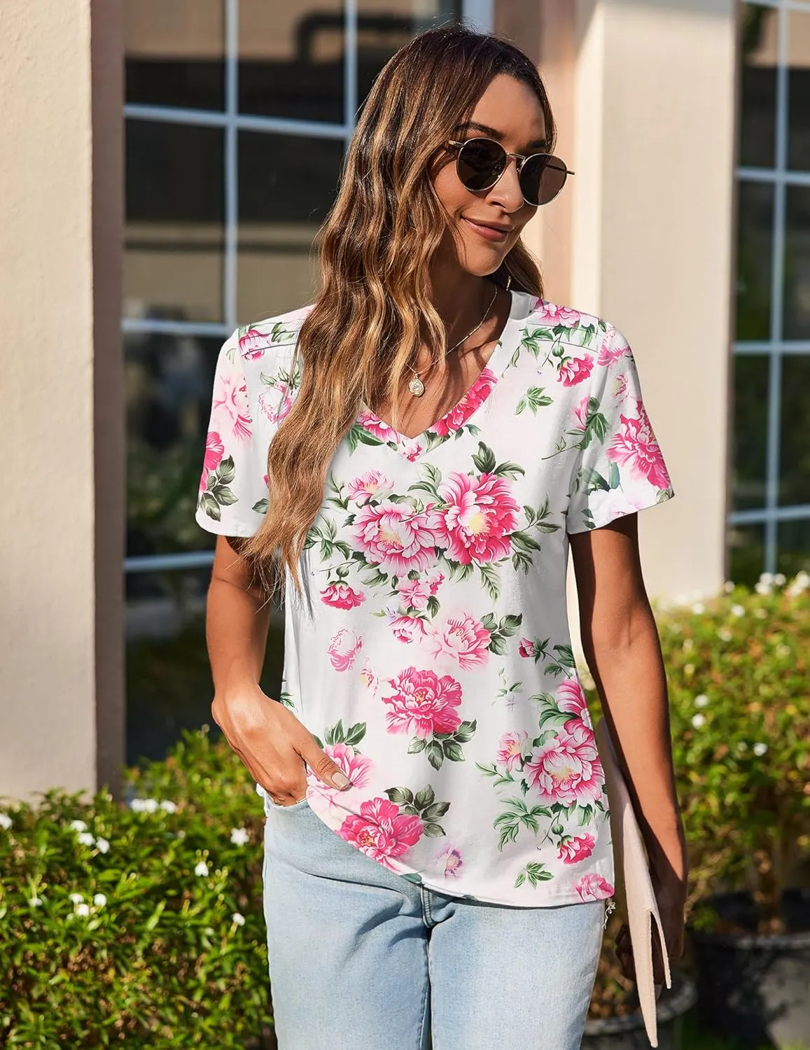 Zeagoo Womens Short Sleeve Shirts for Summer Casual V-Neck Blouse Shirts 2025 Dressy Tops with Pleats