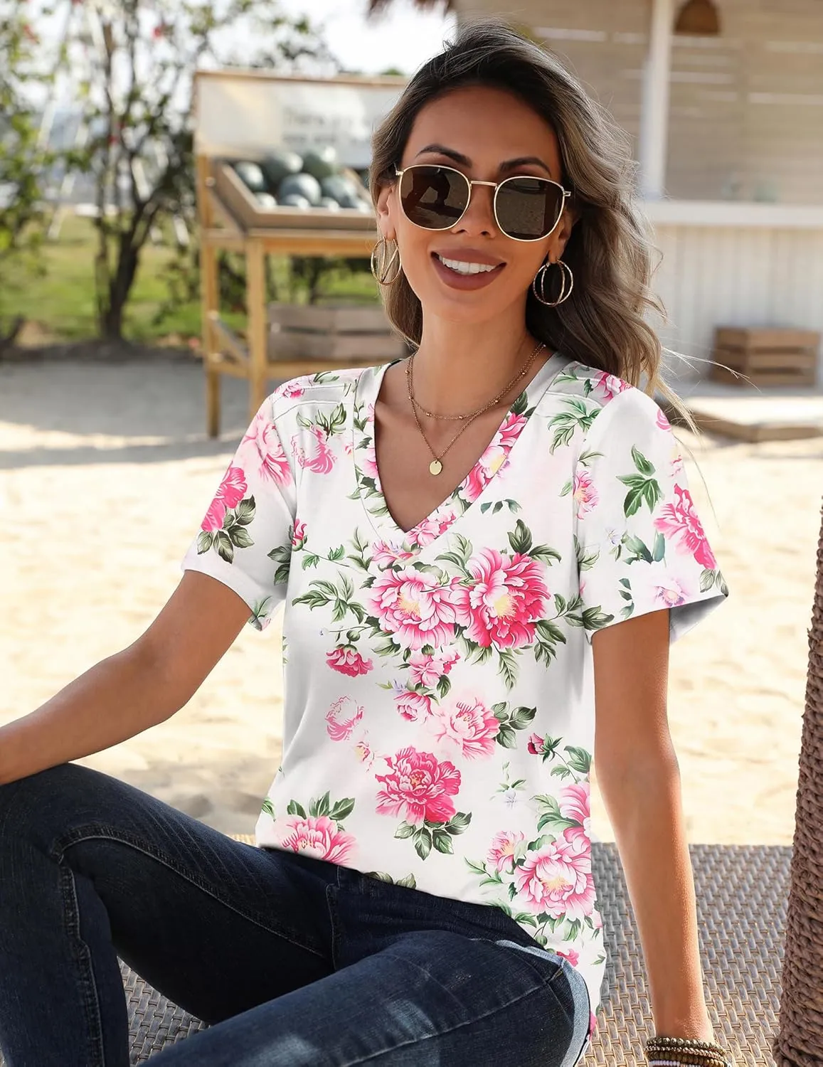 Zeagoo Womens Short Sleeve Shirts for Summer Casual V-Neck Blouse Shirts 2025 Dressy Tops with Pleats