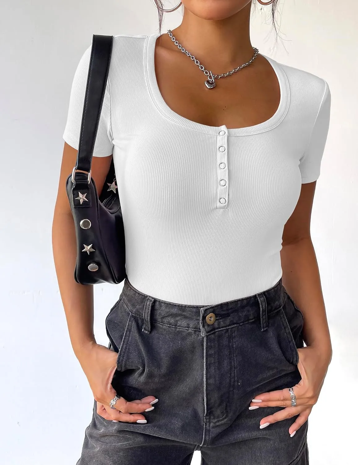 Zeagoo Womens Summer Tops Short Sleeve Shirts Ribbed Knit Square Neck Tshirt Casual Basic Slim Tee