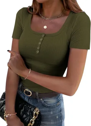 Zeagoo Womens Summer Tops Short Sleeve Shirts Ribbed Knit Square Neck Tshirt Casual Basic Slim Tee