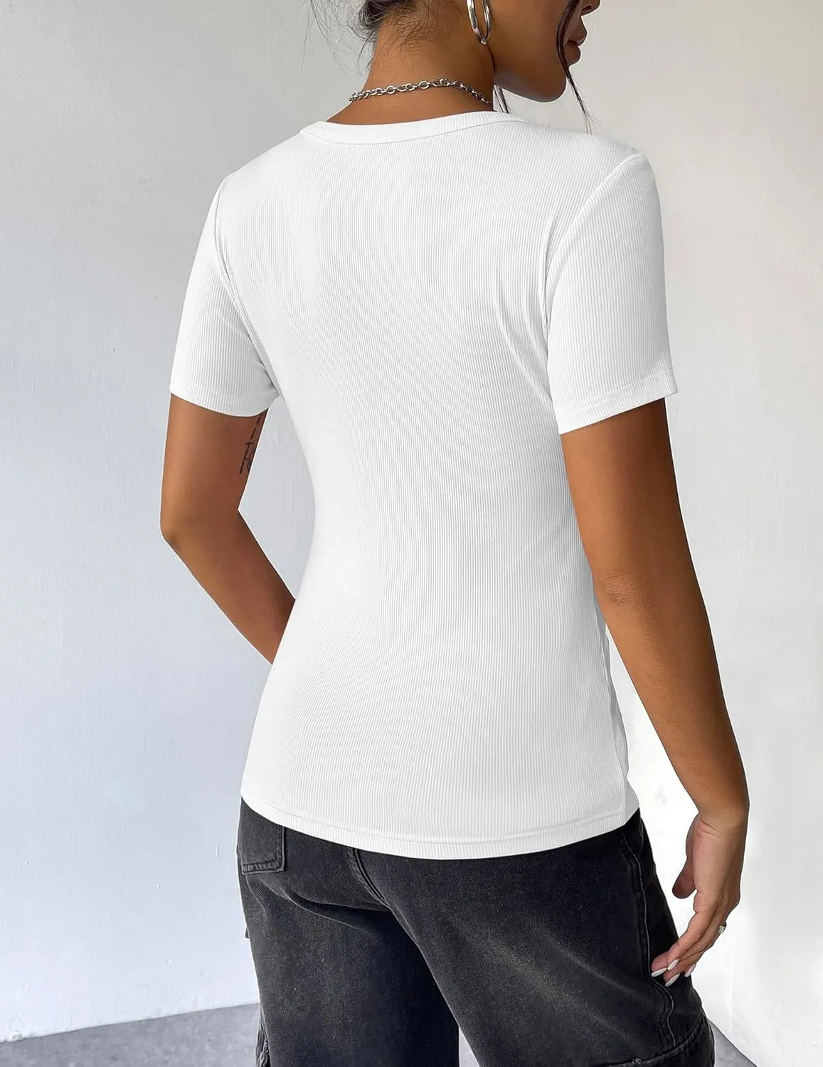 Zeagoo Womens Summer Tops Short Sleeve Shirts Ribbed Knit Square Neck Tshirt Casual Basic Slim Tee