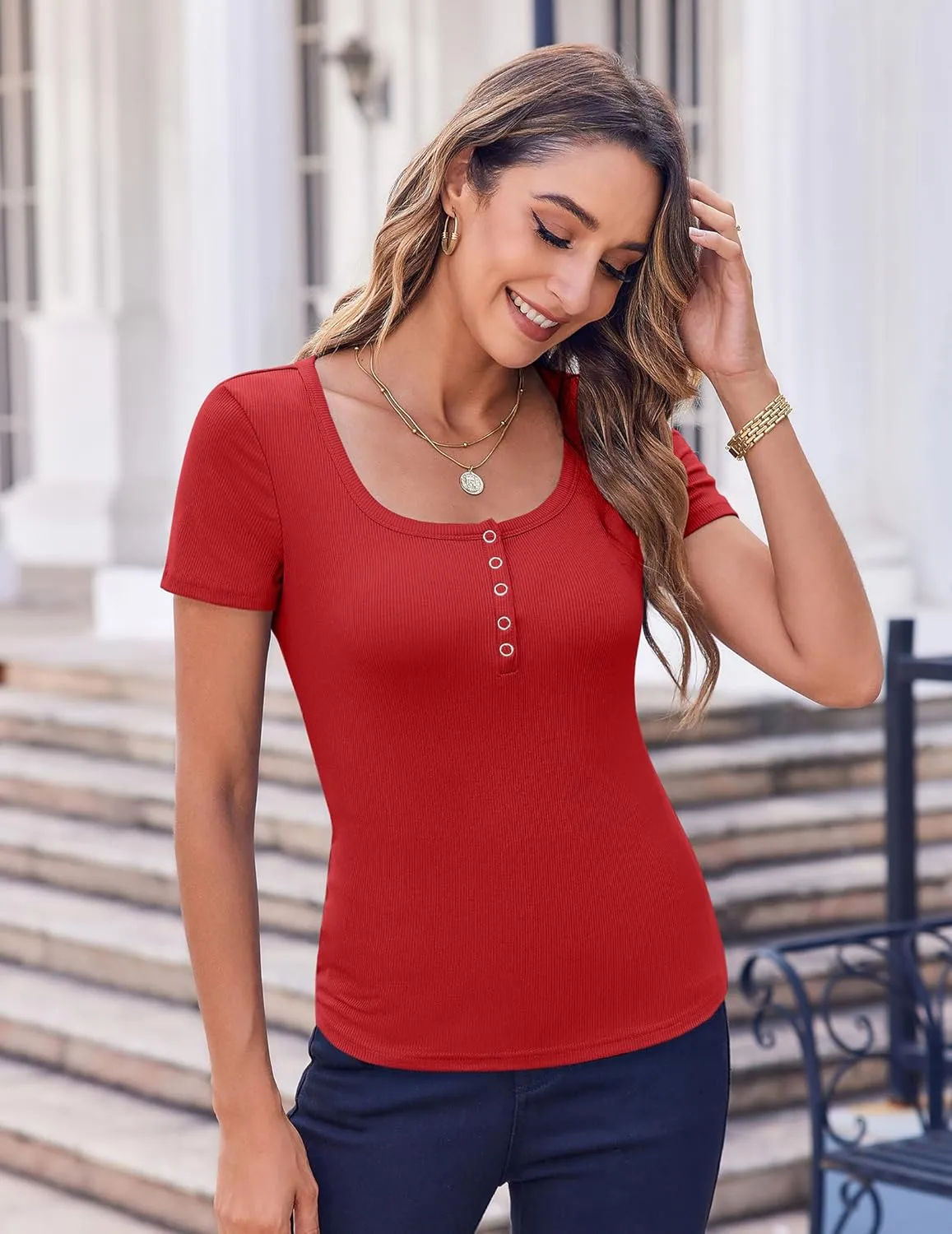 Zeagoo Womens Summer Tops Short Sleeve Shirts Ribbed Knit Square Neck Tshirt Casual Basic Slim Tee