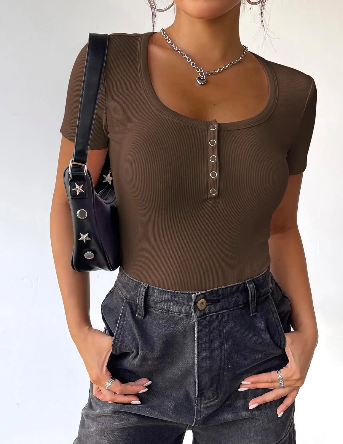 Zeagoo Womens Summer Tops Short Sleeve Shirts Ribbed Knit Square Neck Tshirt Casual Basic Slim Tee