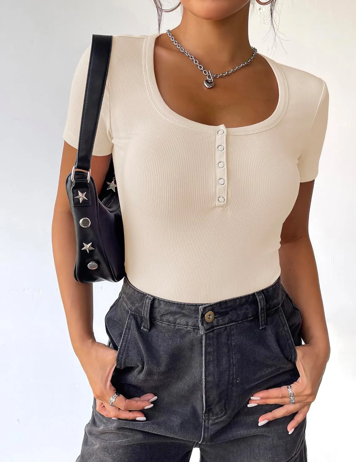Zeagoo Womens Summer Tops Short Sleeve Shirts Ribbed Knit Square Neck Tshirt Casual Basic Slim Tee