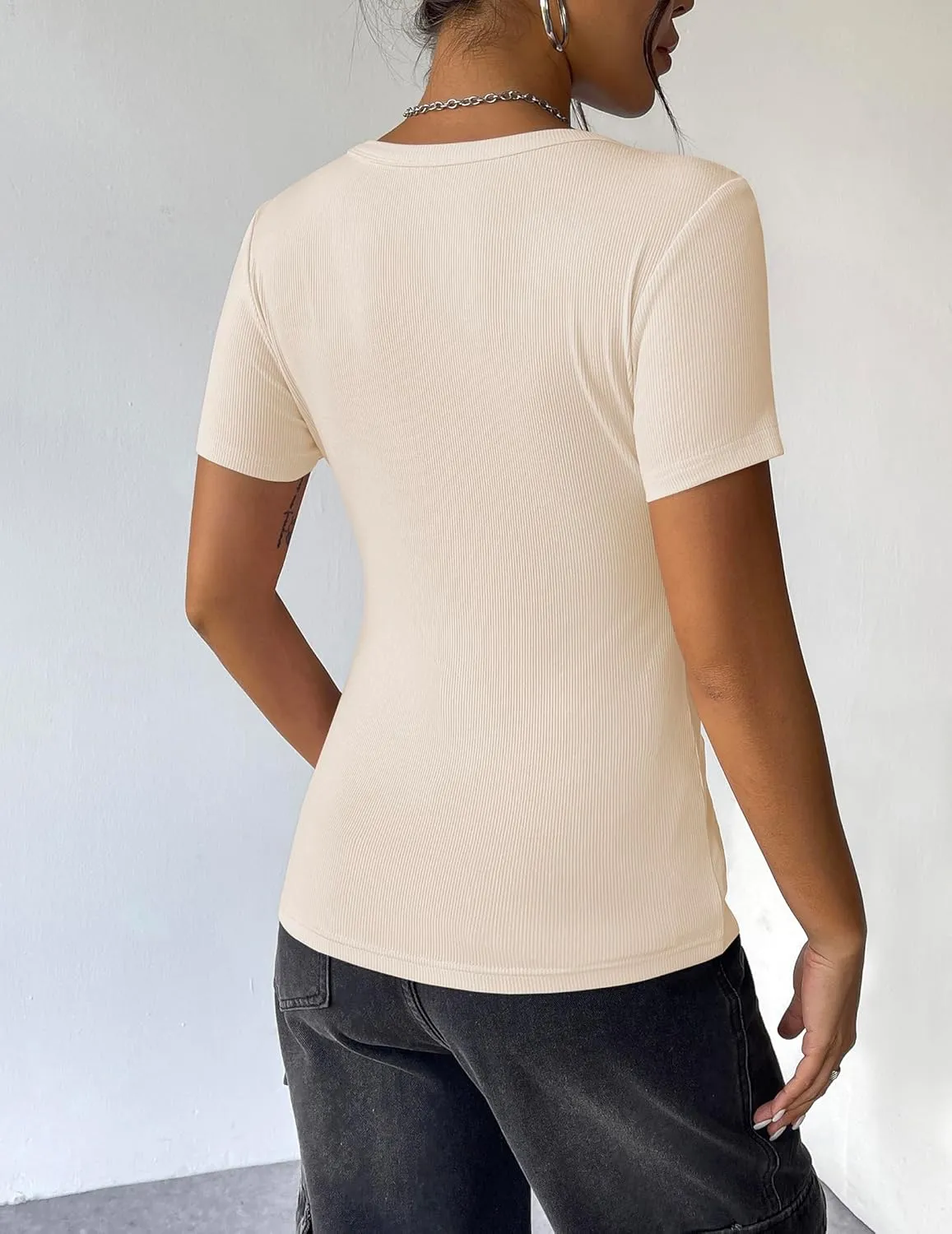 Zeagoo Womens Summer Tops Short Sleeve Shirts Ribbed Knit Square Neck Tshirt Casual Basic Slim Tee
