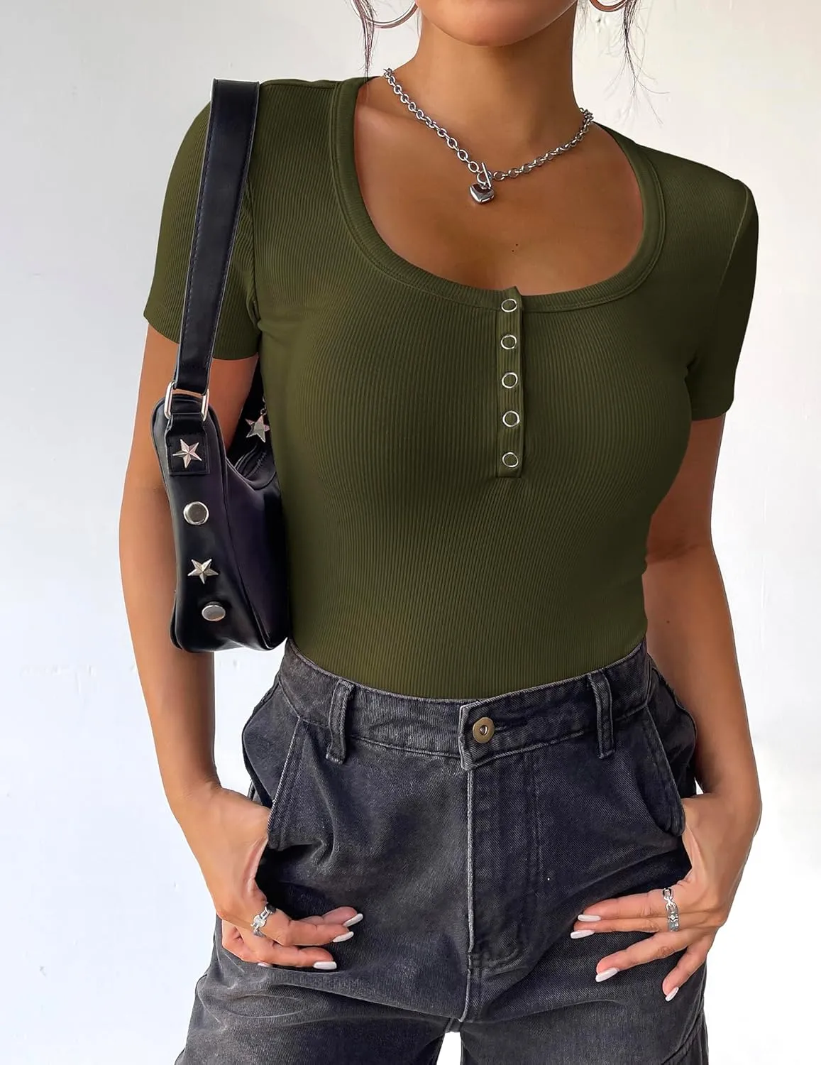 Zeagoo Womens Summer Tops Short Sleeve Shirts Ribbed Knit Square Neck Tshirt Casual Basic Slim Tee