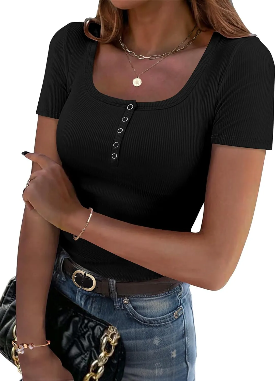 Zeagoo Womens Summer Tops Short Sleeve Shirts Ribbed Knit Square Neck Tshirt Casual Basic Slim Tee