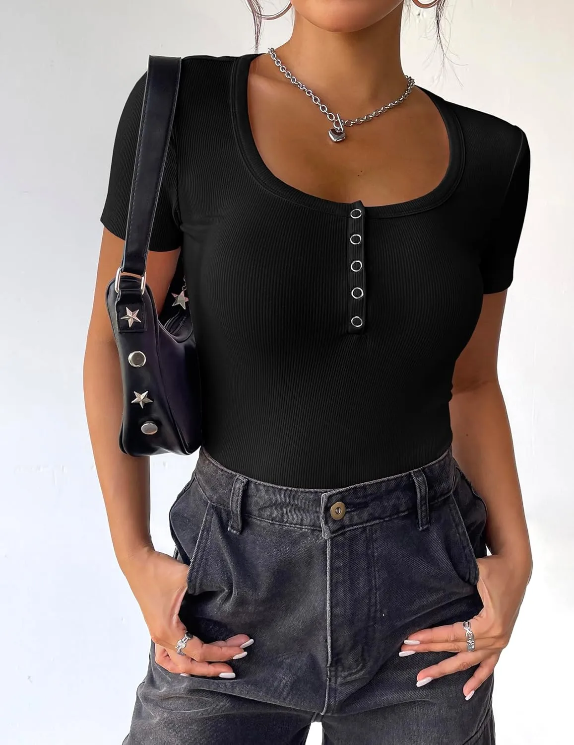 Zeagoo Womens Summer Tops Short Sleeve Shirts Ribbed Knit Square Neck Tshirt Casual Basic Slim Tee