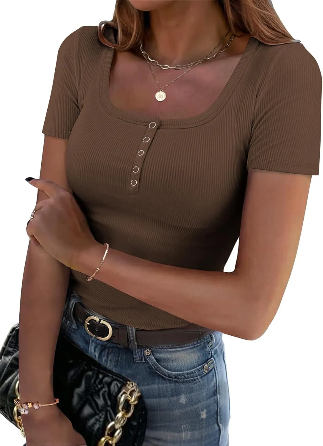 Zeagoo Womens Summer Tops Short Sleeve Shirts Ribbed Knit Square Neck Tshirt Casual Basic Slim Tee