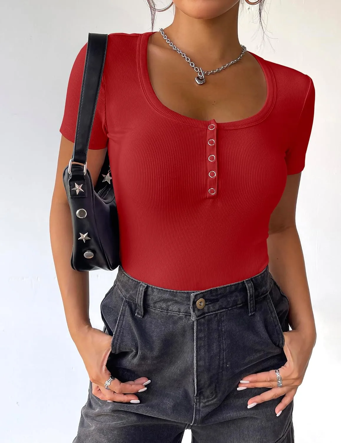 Zeagoo Womens Summer Tops Short Sleeve Shirts Ribbed Knit Square Neck Tshirt Casual Basic Slim Tee