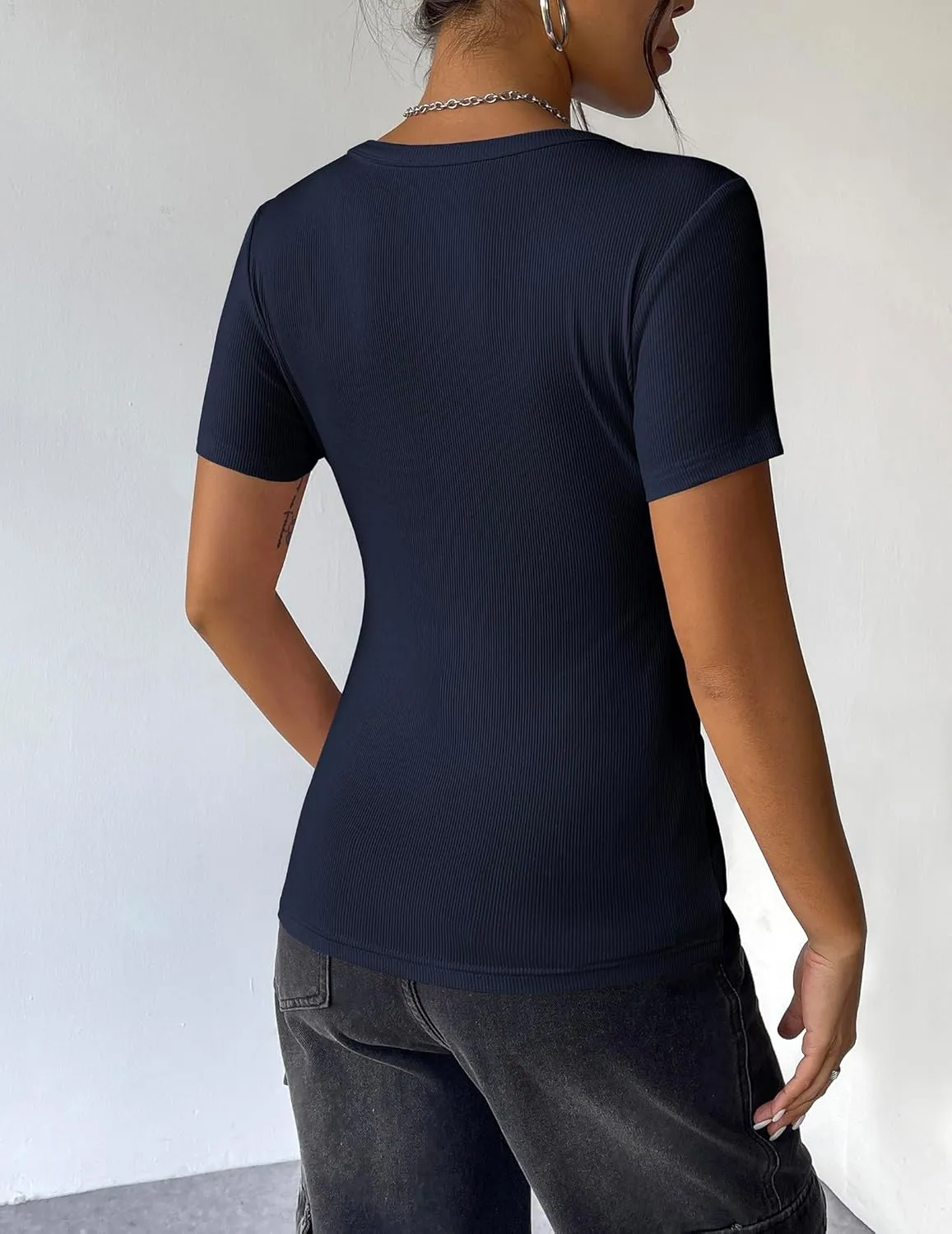 Zeagoo Womens Summer Tops Short Sleeve Shirts Ribbed Knit Square Neck Tshirt Casual Basic Slim Tee