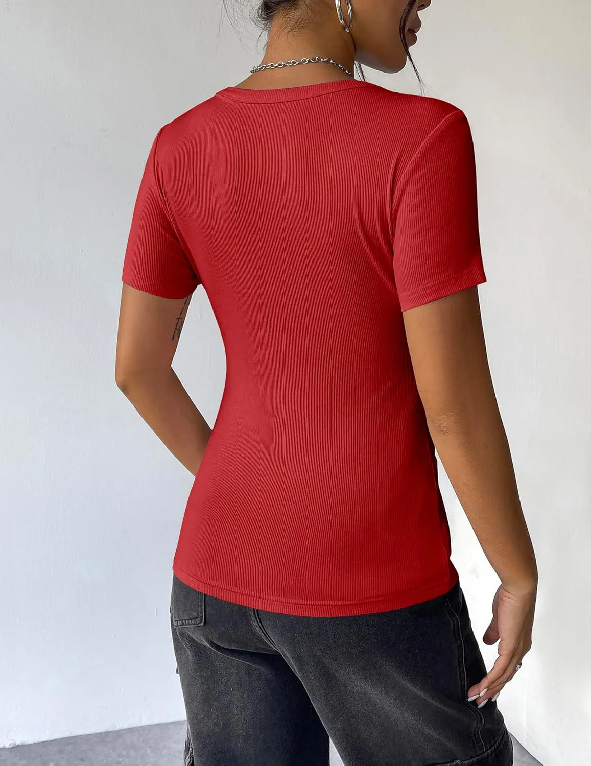 Zeagoo Womens Summer Tops Short Sleeve Shirts Ribbed Knit Square Neck Tshirt Casual Basic Slim Tee