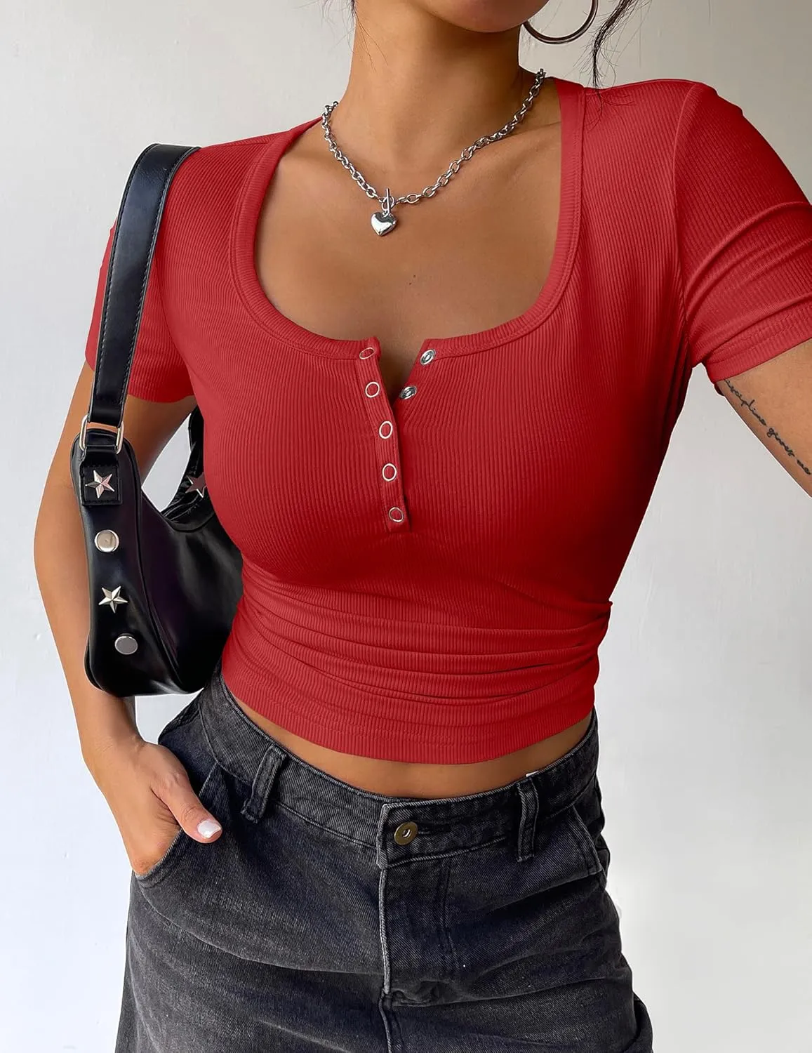 Zeagoo Womens Summer Tops Short Sleeve Shirts Ribbed Knit Square Neck Tshirt Casual Basic Slim Tee