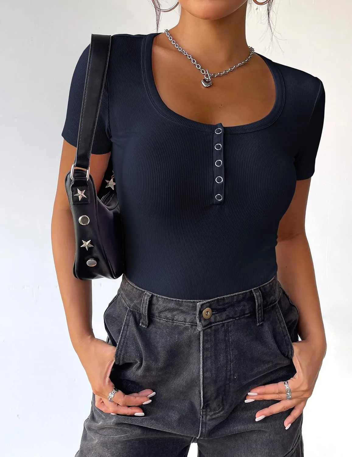 Zeagoo Womens Summer Tops Short Sleeve Shirts Ribbed Knit Square Neck Tshirt Casual Basic Slim Tee